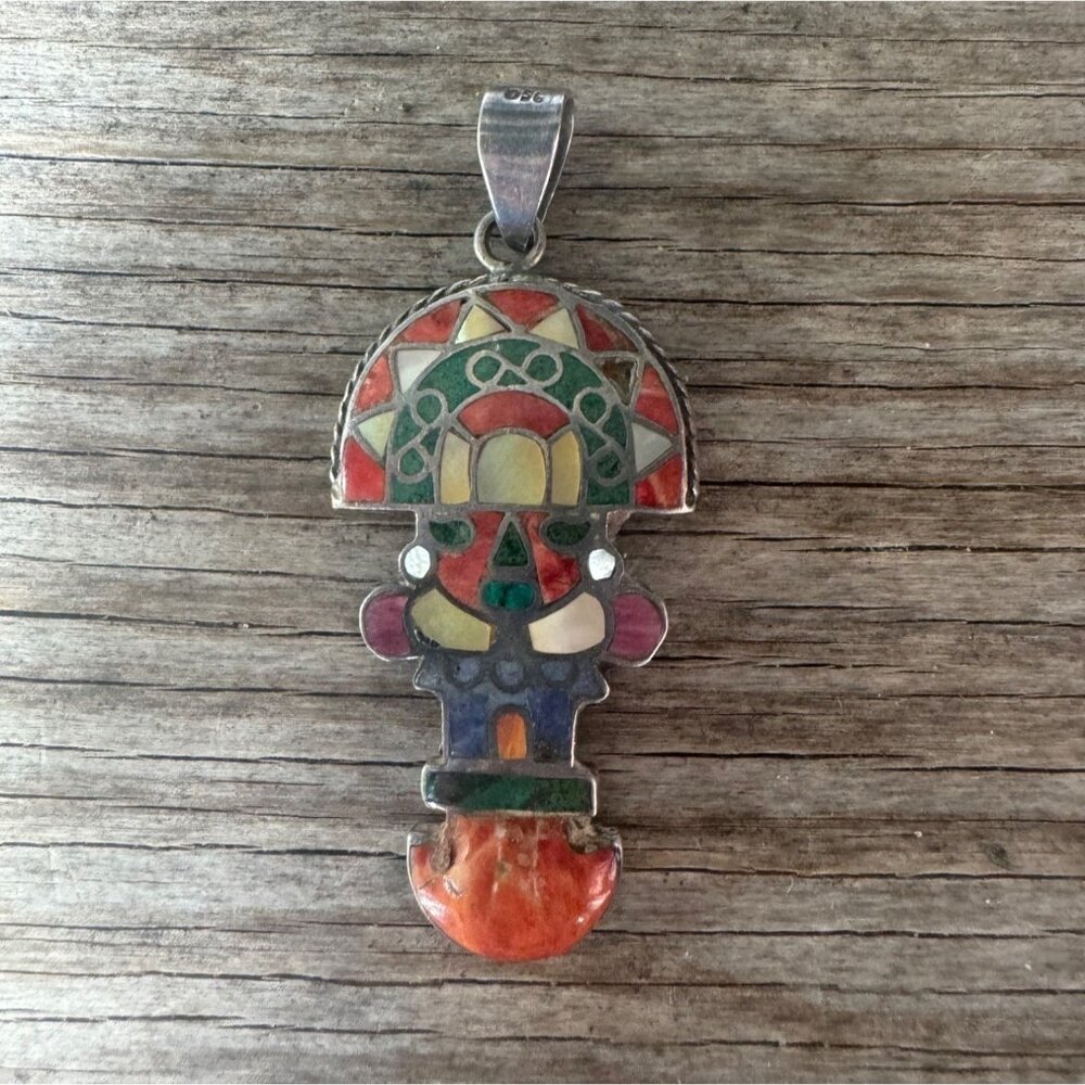 Vintage 950 Silver South American Inlay Figural Pendant Folk Art 2.5” 12.39g - Picture 2 of 7